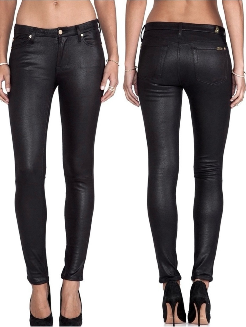 7 For All Mankind Black Crackled Stretch Faux Leather Knee Seamed